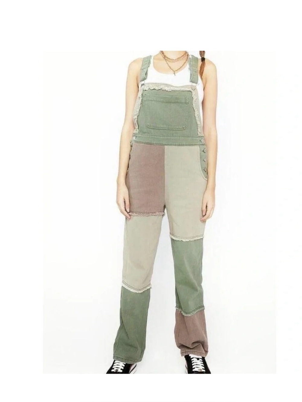 Blue Blush Green & Taupe Patchwork Overalls Jumpsuit
